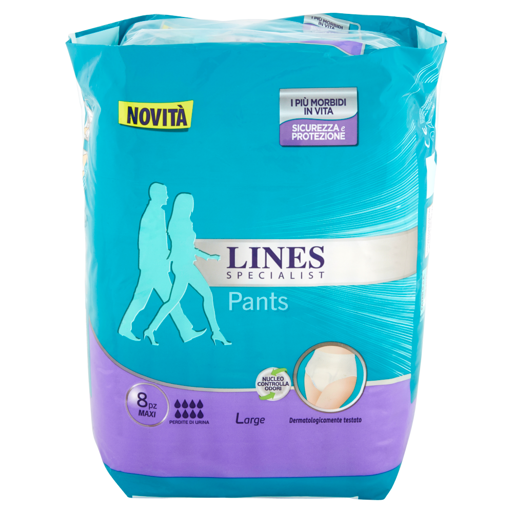 Lines Specialist Pants Maxi Unisex, Mutande Assorbenti per Incontinenza Donna e Uomo, Alta Protezione fino a 12h, Taglia L, Scorta Mensile, 4 Confezioni da 8 Unità-image