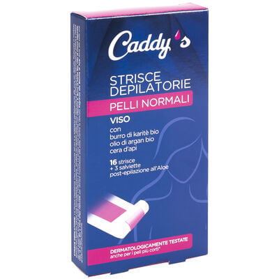 Caddy's Pelli Normali Strisce Depilatorie Viso 16 Pezzi + 3 Salviette Post-Epilazione