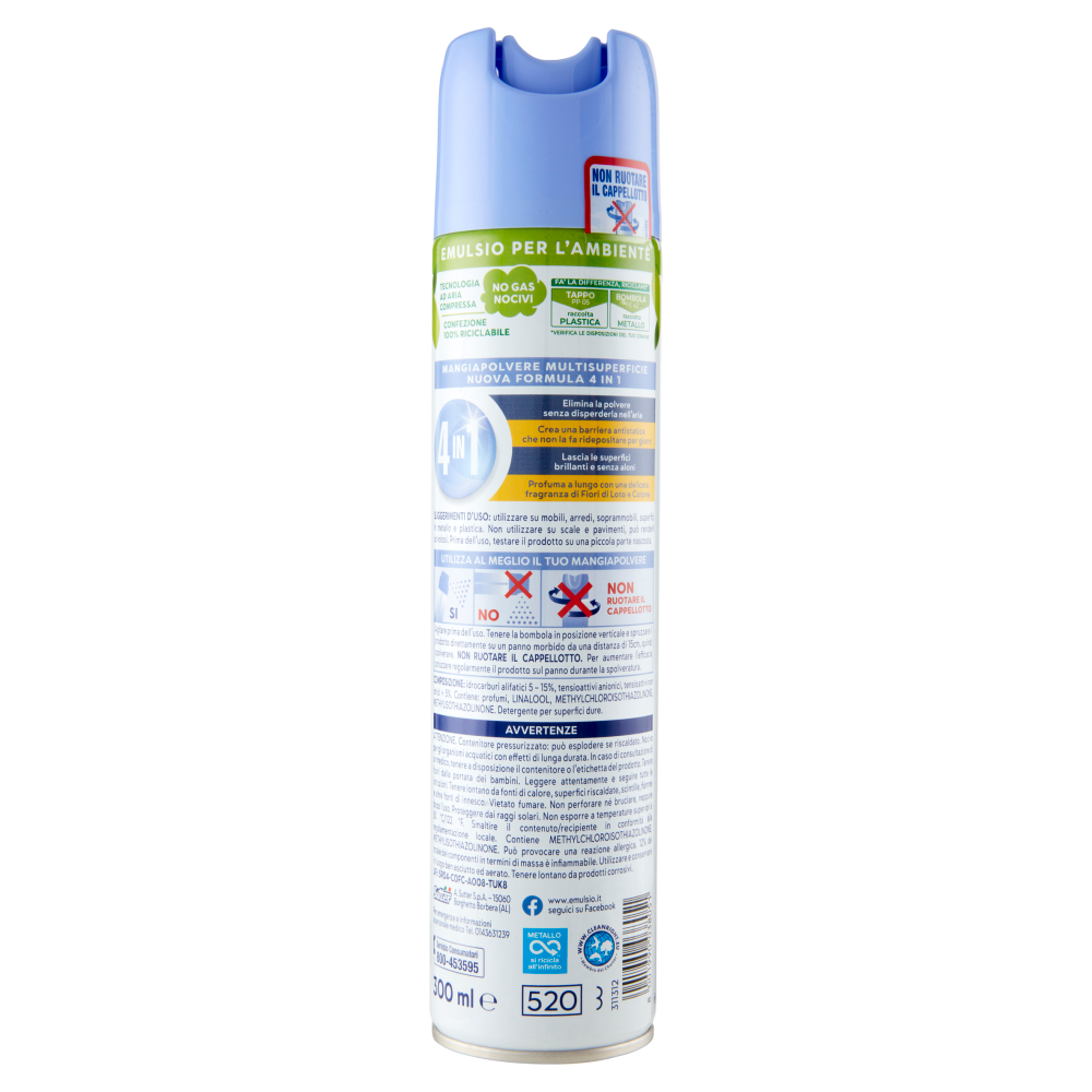 Emulsio Mangia Polvere l'Antistatico Multi Superficie 4 in 1 Fiori di Loto e Cotone 300 ml, , large