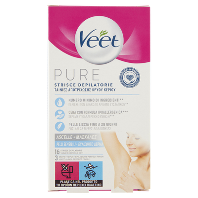 Veet Pure Strisce Depilatorie Ascelle 16 Pezzi + Salviette Post-Epilazione Idratanti