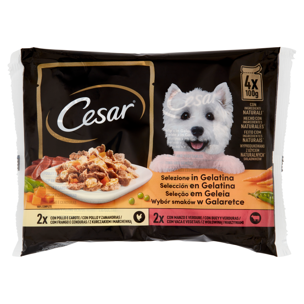 Cesar Dog Delizie del Giorno Multipack Pollo e Carote e Manzo e Verdure in Gelatina 4x100 gr, , large
