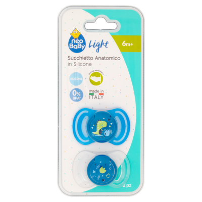 Neo Baby Light Succhietto Anatomico in Silicone 6m+ Dino Blu 2 Pezzi