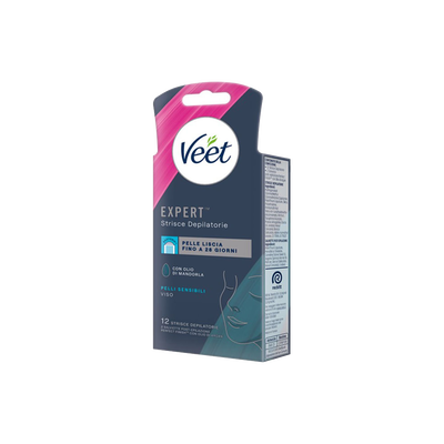 Veet Expert Strisce Viso Pelle Sensibile 12 Strisce + Salviette Post-Epilazione con Olio D'Argan