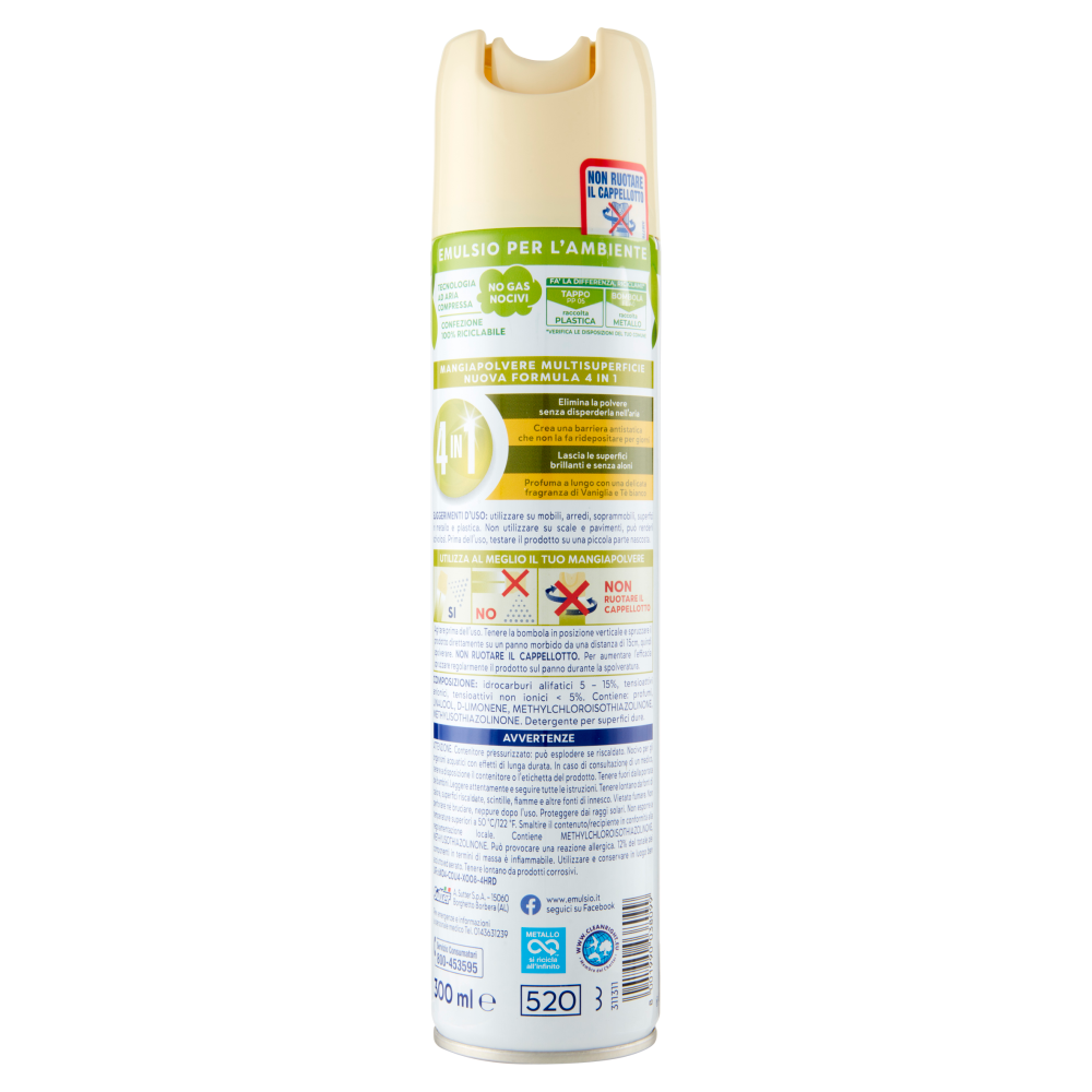 Emulsio Mangia Polvere l'Antistatico Multi Superficie 4 in 1 Vaniglia e T&egrave; Bianco 300 ml, , large