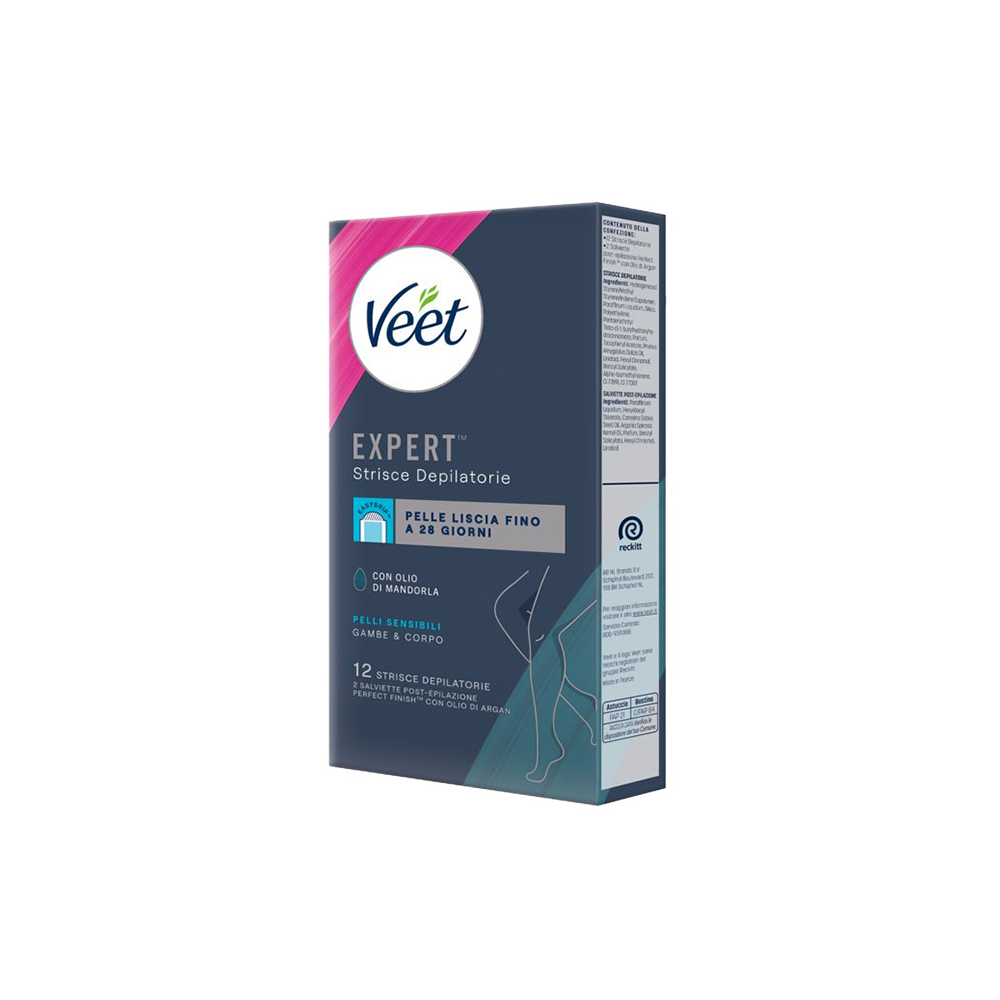 Veet Expert Strisce Corpo Pelli Sensibili 12 Strisce + Salviette Post-Epilazione con Olio D'Argan - -