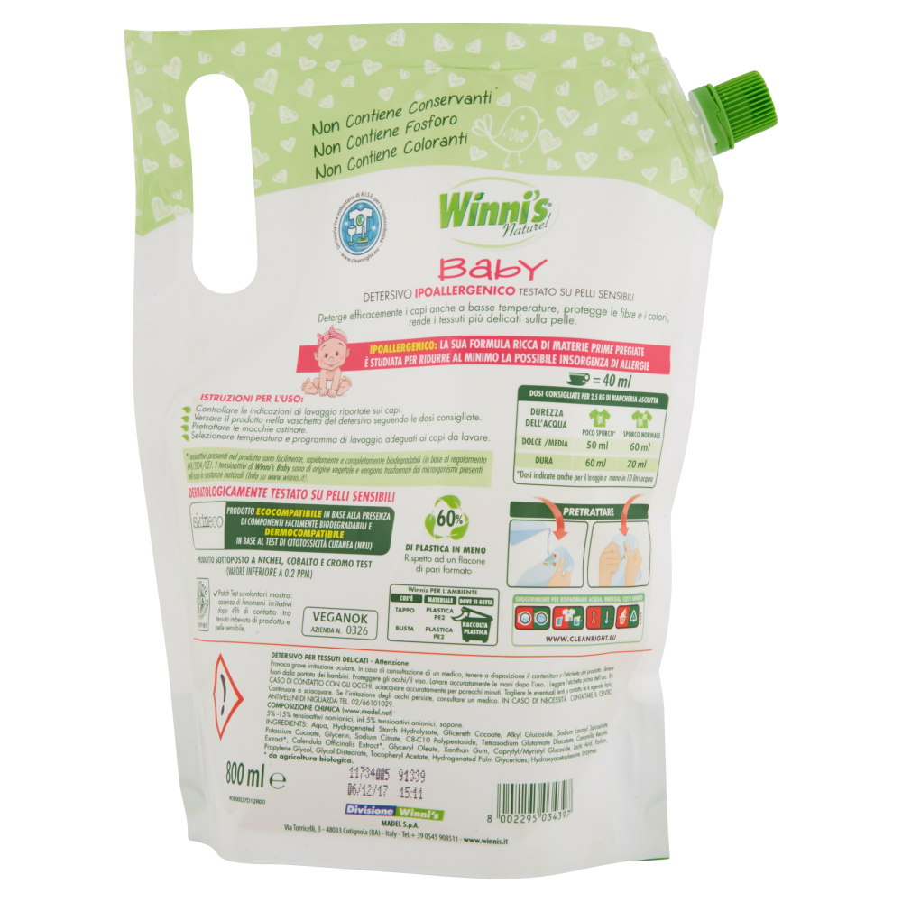Winni's Naturel Baby Detersivo Ipoallergenico Mano e in Lavatrice 800 ml, , large