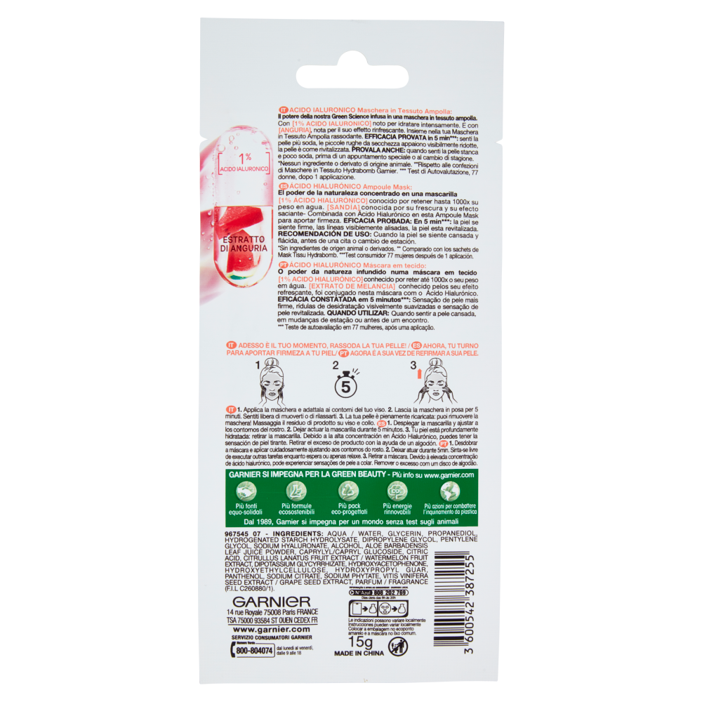Garnier Maschera in Tessuto Ampolla Estratto di Anguria e Acido Ialuronico Contro i Segni dell'Età, , large