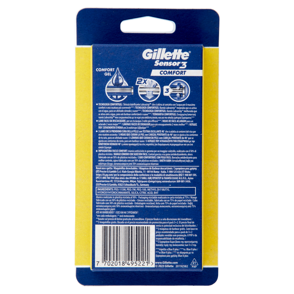 Gillette Sensor 3 Comfort Rasoio da Uomo Usa e Getta 3 Rasoi + 2 Gratis, , large