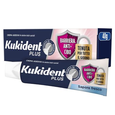 Kukident Plus Barriera Anti-Cibo Sapore Fresco Crema Adesiva per Dentiere 40 g