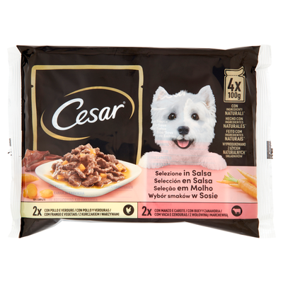 Cesar Dog Delizie del Giorno Multipack Pollo e Verdure e Manzo e Carote in Salsa 4x100 gr