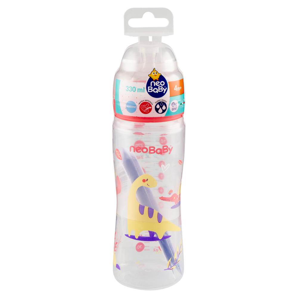 Neo Baby Biberon Plastica Collo Largo 330 ml 4m+ Dino Rosa, , large