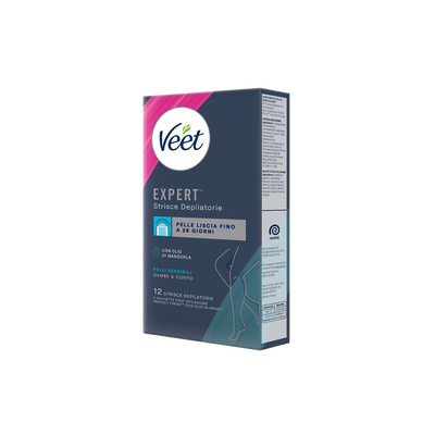 Veet Expert Strisce Corpo Pelli Sensibili 12 Strisce + Salviette Post-Epilazione con Olio D'Argan