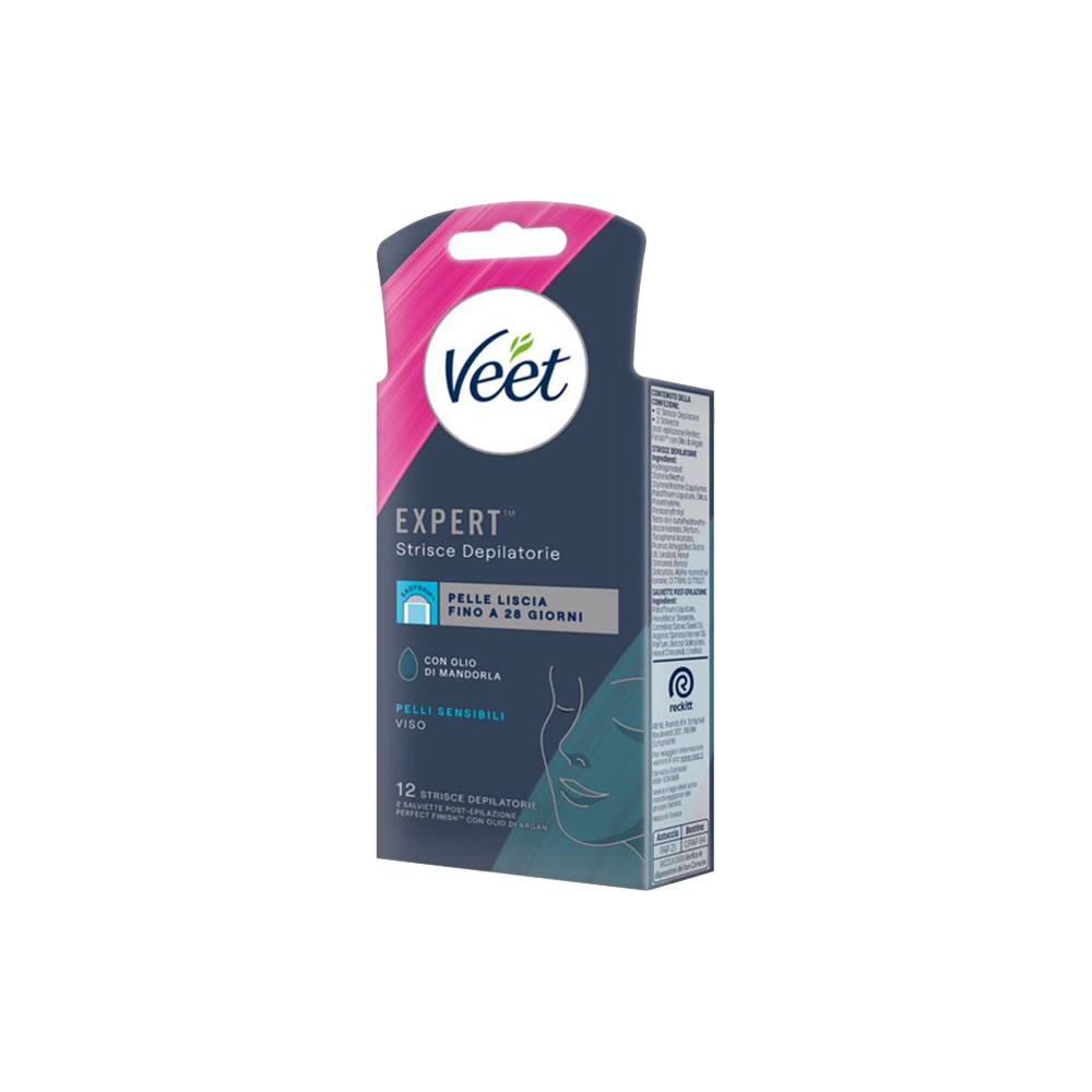 Veet Expert Strisce Viso Pelle Sensibile 12 Strisce + Salviette Post-Epilazione con Olio D'Argan, , large