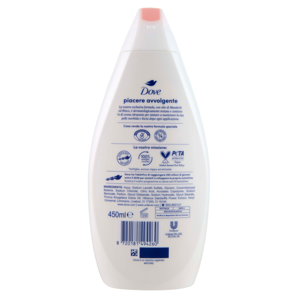 Dove Bagnodoccia Piacere Avvolgente Olio di Mandorle e Ibisco 450 ml, , large