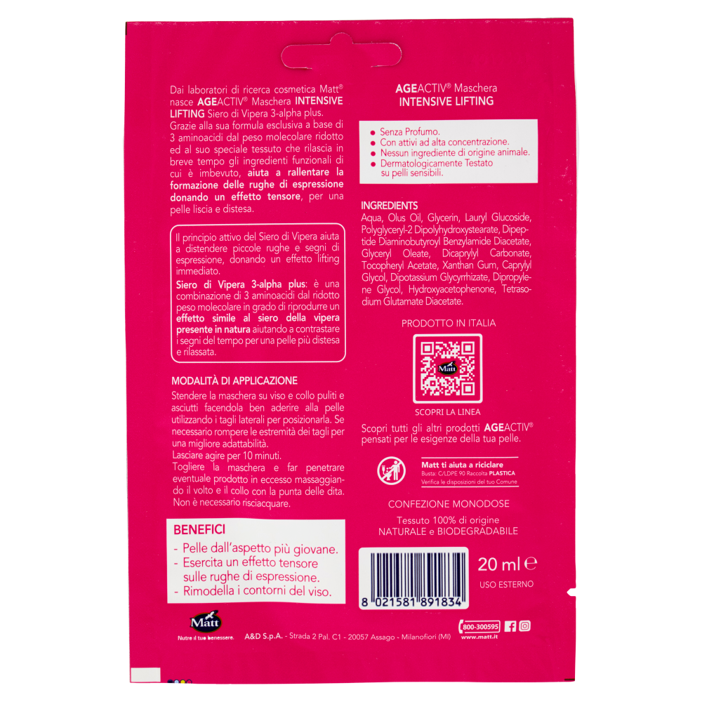 Matt Age Activ Intensive Lifting Maschera in Tessuto Viso e Collo Siero di Vipera 3 Alpha Plus 20 ml, , large