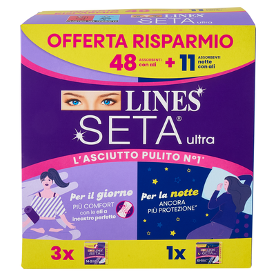 Lines Seta Ultra Assorbenti con Ali 48 Pezzi + Assorbenti Notte con Ali 11 Pezzi