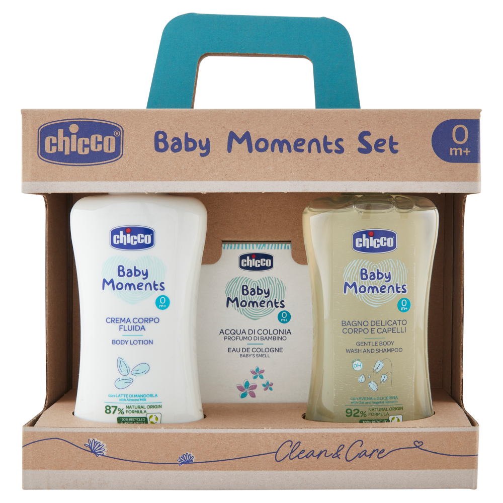 Chicco Baby Moments Set Con Bagno Corpo Da 200 Ml, Crema Corpo 200 Ml, Acqua Di Colonia 100 Ml, Idea Regalo, 0 Mesi +-image