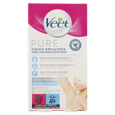 Veet Pure Strisce Depilatorie Ascelle 16 Pezzi + Salviette Post-Epilazione Idratanti