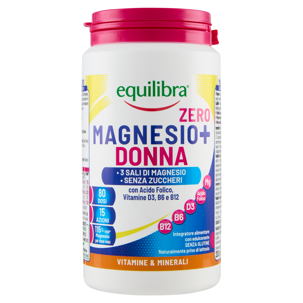 Equilibra, Magnesio Donna Zero Zuccheri, 200g in Polvere, 3 Sali di Magnesio, Bisglicinato, Pidolato, Carbonato, con Acido Folico, Vitamina D3, B6, B12, Solubilità Istantanea, Sapore Agrumato