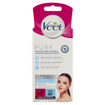 Veet Pure Strisce Depilatorie Viso 16 Pezzi + Salviette Post-Epilazione Idratanti