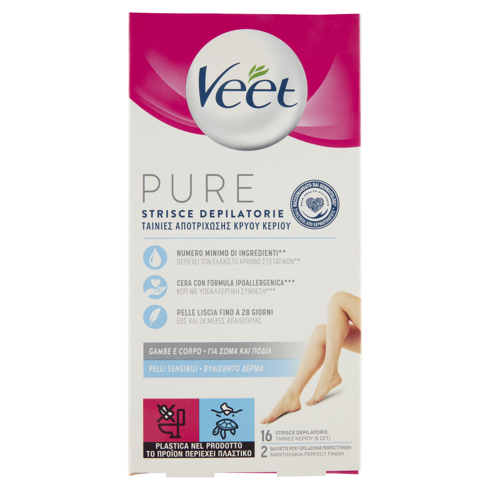 Veet Pure Strisce Depilatorie Gambe e Corpo 16 Pezzi + Salviette Post-Epilazione Idratanti, , large