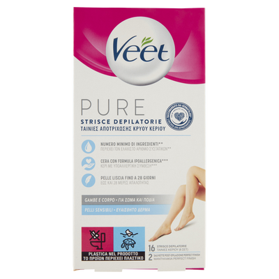 Veet Pure Strisce Depilatorie Gambe e Corpo 16 Pezzi + Salviette Post-Epilazione Idratanti