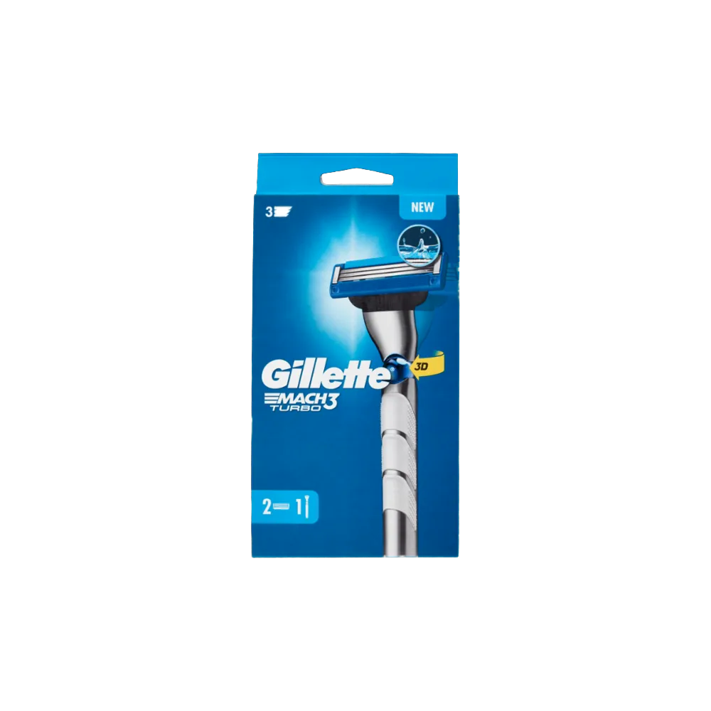 Gillette Rasoio Uomo Mach3 Turbo a 3 Lame, 1 Manico + 2 Lamette Barba - -