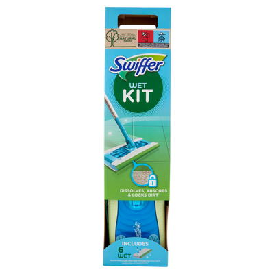Swiffer Wet Kit - Scopa + 6 Panni Umidi Lavapavimenti con Detersivo Pavimenti