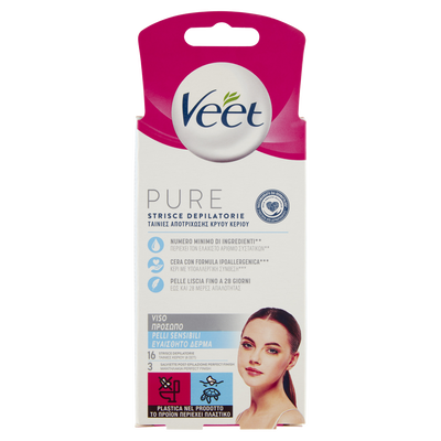 Veet Pure Strisce Depilatorie Viso 16 Pezzi + Salviette Post-Epilazione Idratanti