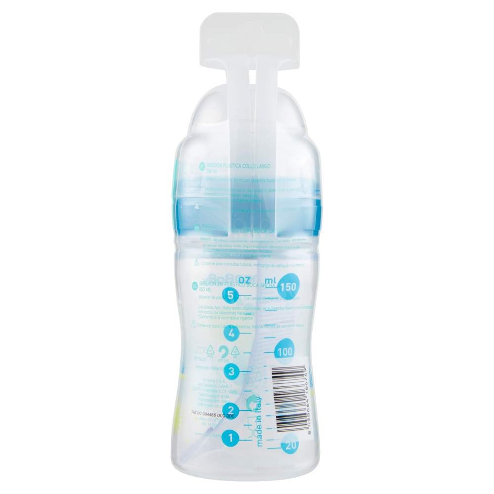 Neo Baby Biberon Plastica Collo Largo 150 ml 0m+ Dino Blu, , large
