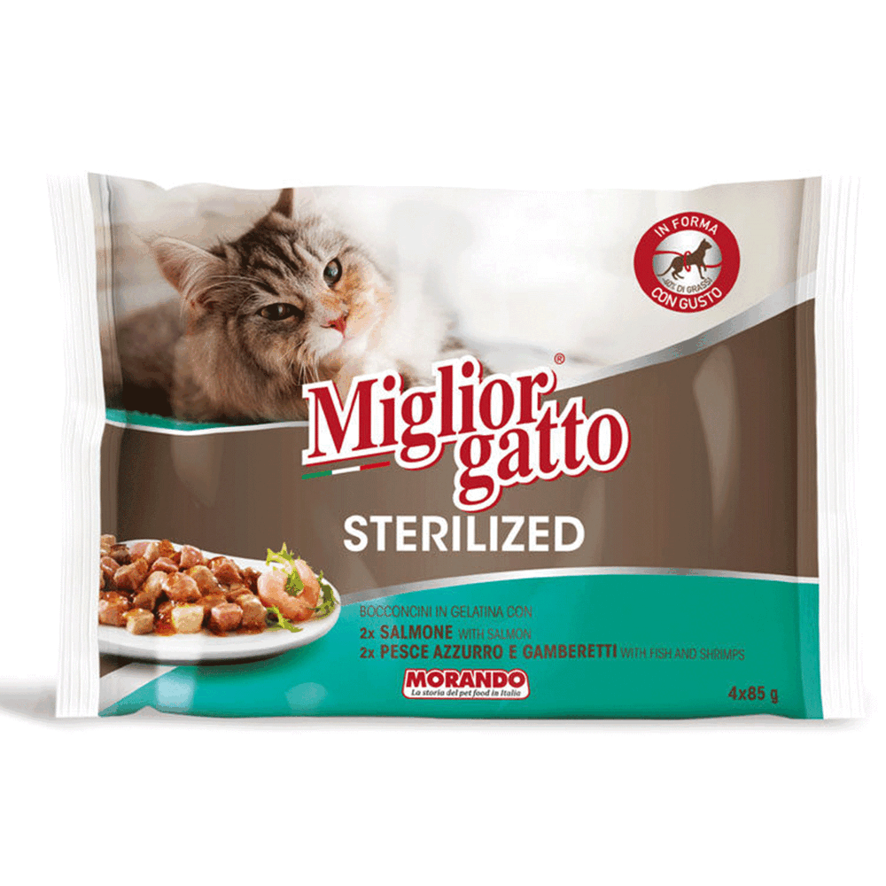 Migliorgatto Sterilized Bocconcini in Gelatina con Salmone ,Pesce Azzurro e Gamberetti 4 Buste 85 g, , large