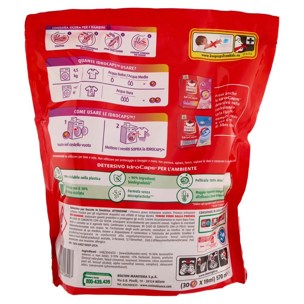 Omino Bianco Detersivo IdroCaps Salvafibre Doypack 30 Caps , , large