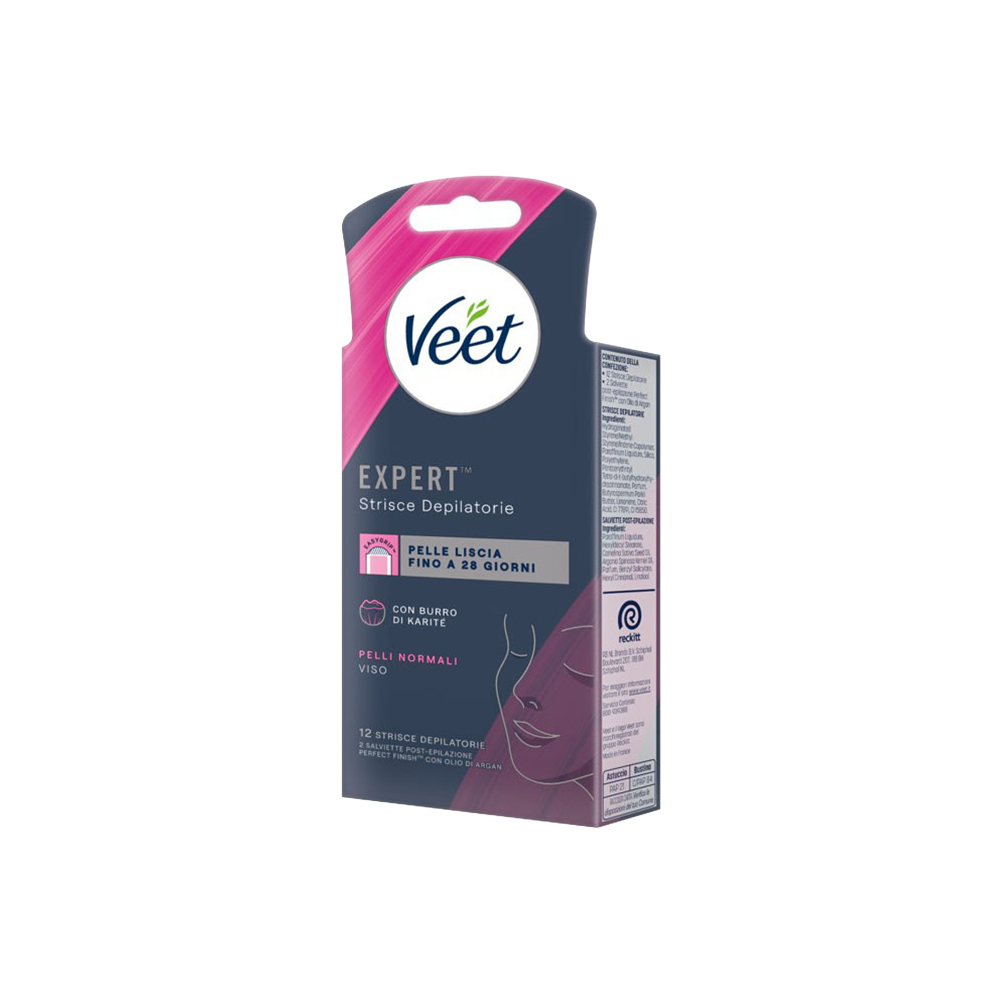 Veet Expert Strisce Viso Pelli Normali 12 Strisce + Salviette Post-Epilazione con Olio D'Argan - -