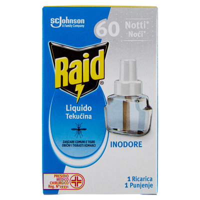 Raid Liquido Zanzare Tigre e Comuni Inodore Ricarica 36 ml